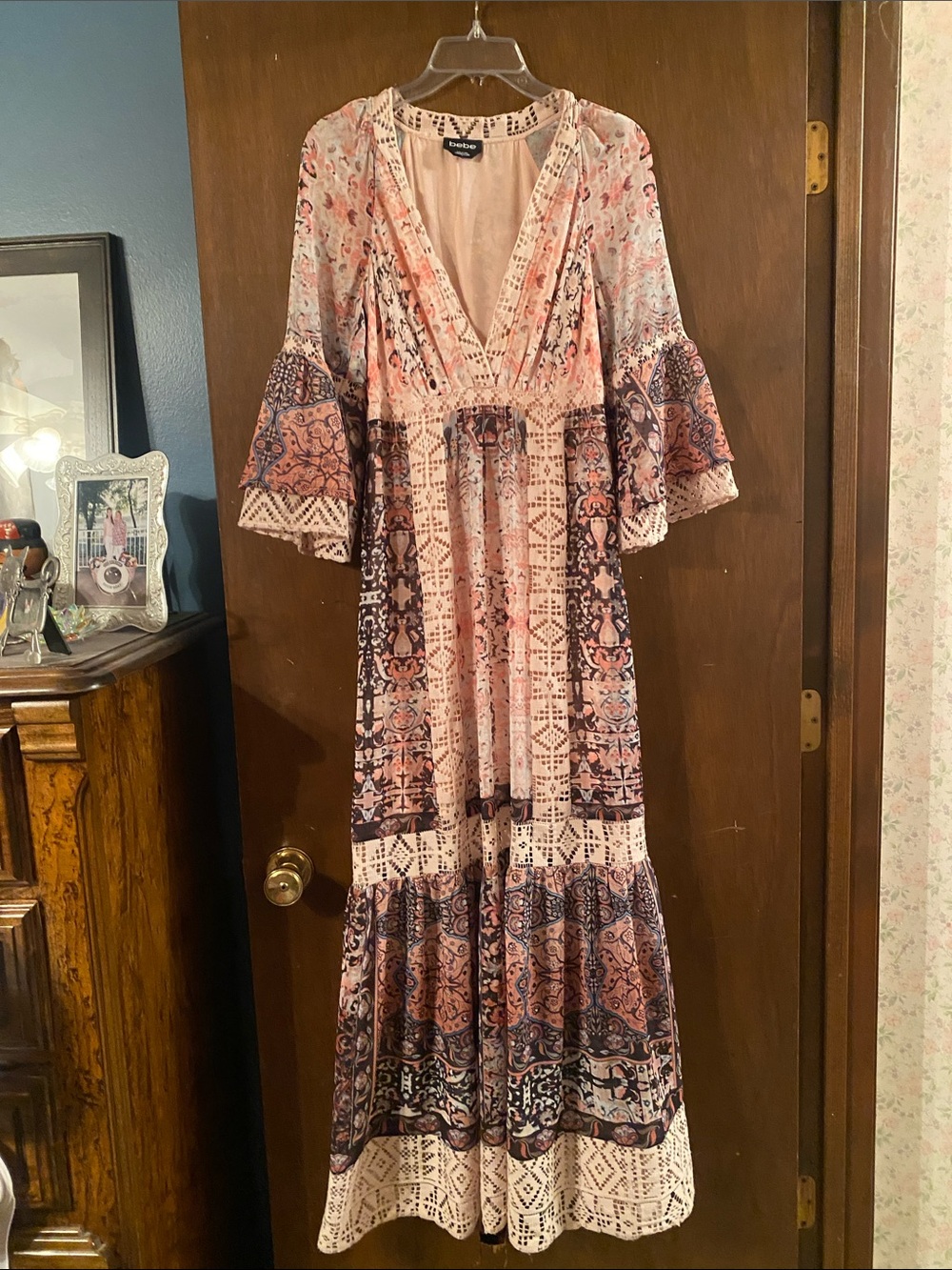 Bebe Pink Multi Boho V-Neck Maxi Dress